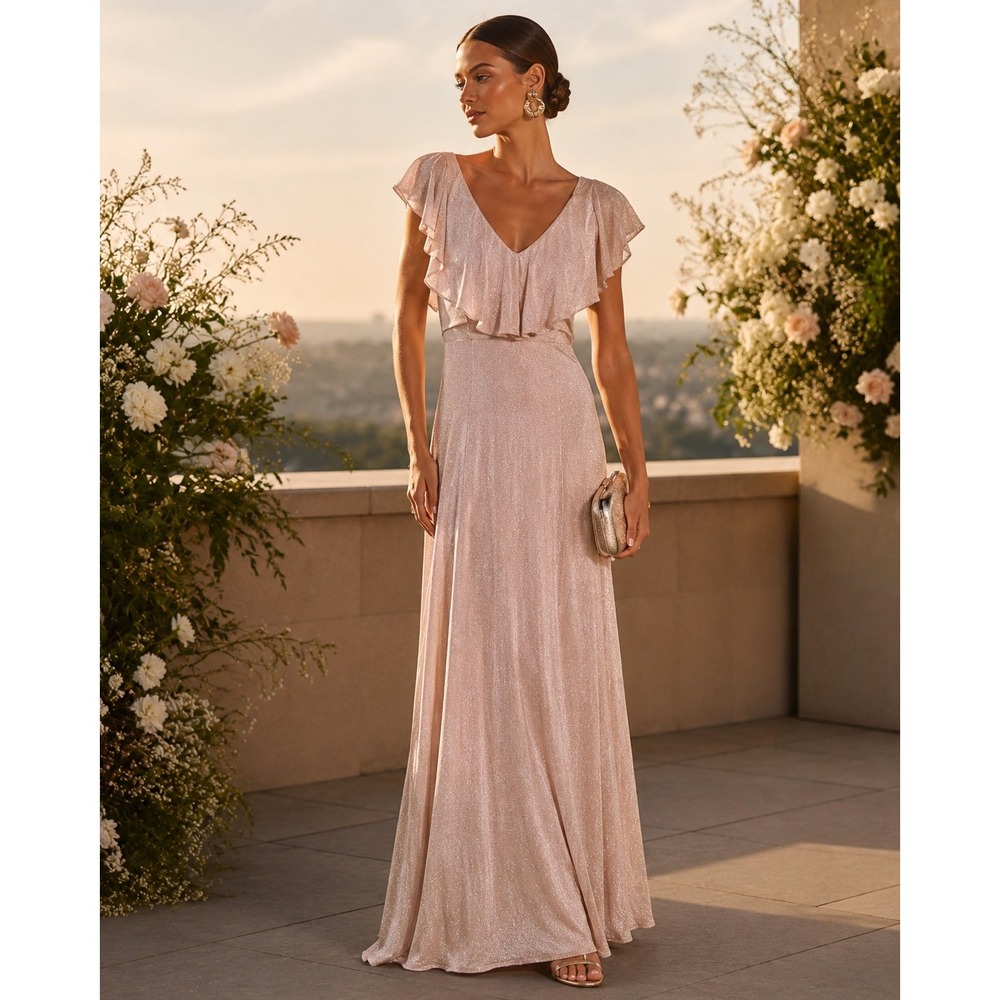 Show Me Your Mumu Rose Gold Shimmer Flutter Ruffle Maxi Gown Small Dress